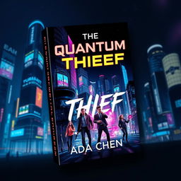 A striking book cover design for 'The Quantum Thief' by Ada Chen, featuring a vibrant cyberpunk cityscape at night, illuminated with neon lights and futuristic architecture