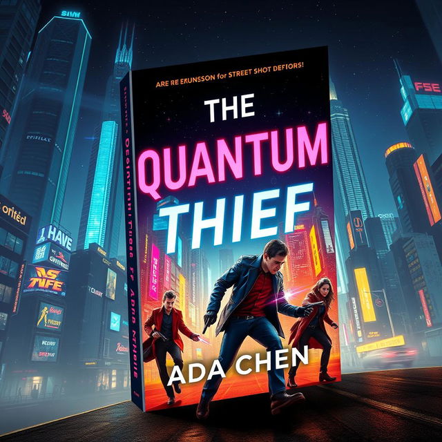 A striking book cover design for 'The Quantum Thief' by Ada Chen, featuring a vibrant cyberpunk cityscape at night, illuminated with neon lights and futuristic architecture