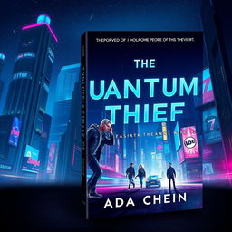 A striking book cover design for 'The Quantum Thief' by Ada Chen, featuring a vibrant cyberpunk cityscape at night, illuminated with neon lights and futuristic architecture