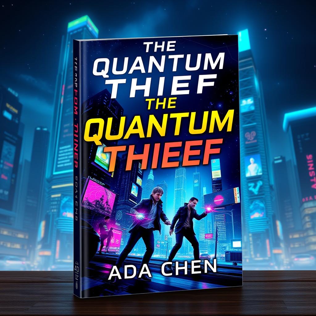 A striking book cover design for 'The Quantum Thief' by Ada Chen, featuring a vibrant cyberpunk cityscape at night, illuminated with neon lights and futuristic architecture