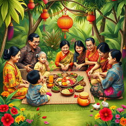 A heartwarming scene illustrating a traditional family reunion holiday in Java, Indonesia