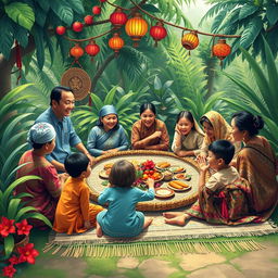 A heartwarming scene illustrating a traditional family reunion holiday in Java, Indonesia