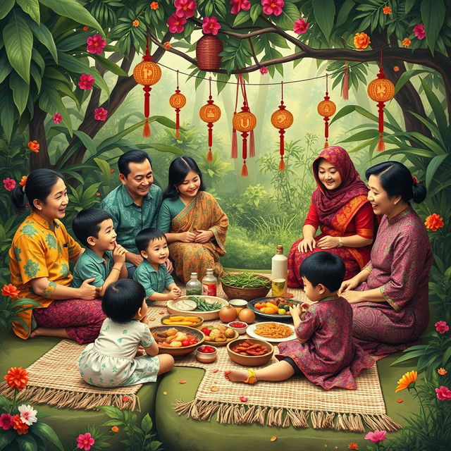 A heartwarming scene illustrating a traditional family reunion holiday in Java, Indonesia