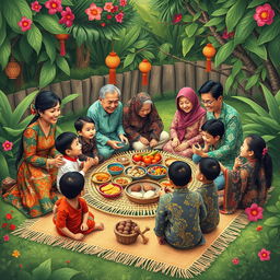 A heartwarming scene illustrating a traditional family reunion holiday in Java, Indonesia