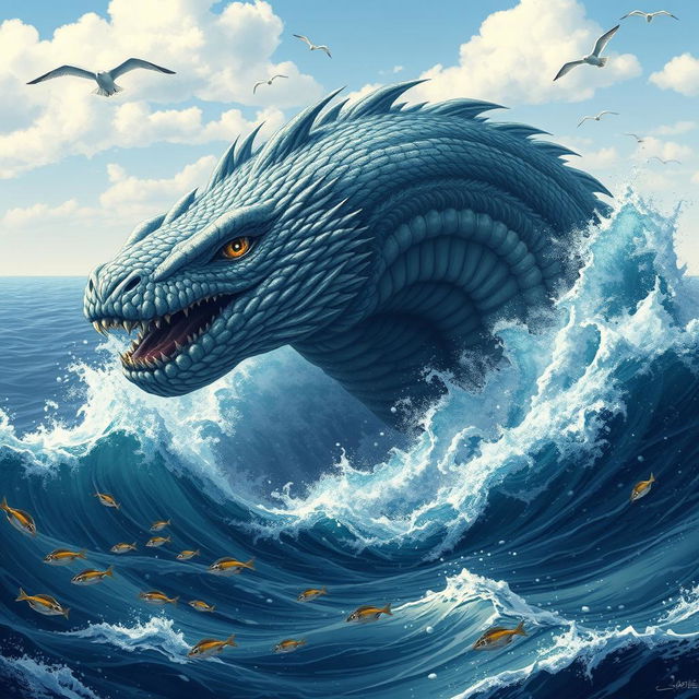 A magnificent, powerful leviathan bursting through the ocean waves, a blend of myth and reality, its massive serpentine body adorned with shimmering scales reflecting the sunlight