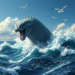 A magnificent, powerful leviathan bursting through the ocean waves, a blend of myth and reality, its massive serpentine body adorned with shimmering scales reflecting the sunlight