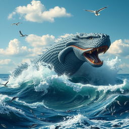 A magnificent, powerful leviathan bursting through the ocean waves, a blend of myth and reality, its massive serpentine body adorned with shimmering scales reflecting the sunlight
