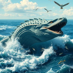 A magnificent, powerful leviathan bursting through the ocean waves, a blend of myth and reality, its massive serpentine body adorned with shimmering scales reflecting the sunlight