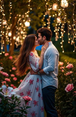 A romantic scene featuring a couple in an enchanting garden under the soft glow of fairy lights