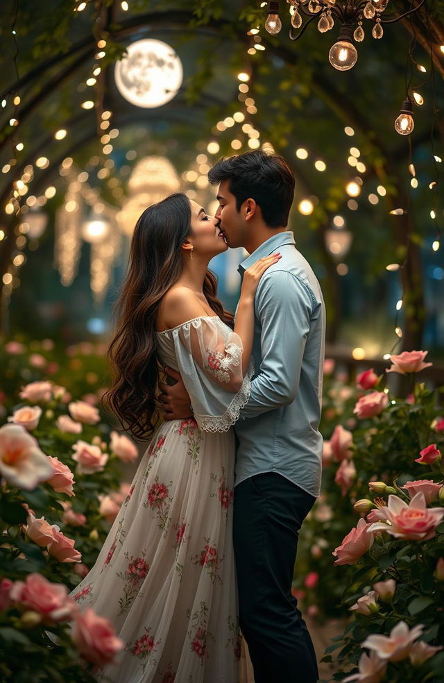 A romantic scene featuring a couple in an enchanting garden under the soft glow of fairy lights