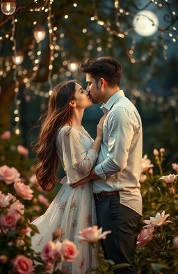 A romantic scene featuring a couple in an enchanting garden under the soft glow of fairy lights
