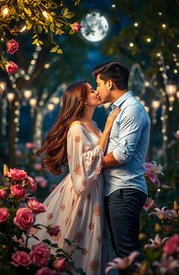 A romantic scene featuring a couple in an enchanting garden under the soft glow of fairy lights