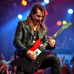 A heavy metal guitarist passionately playing on stage, wearing a black leather jacket adorned with spikes