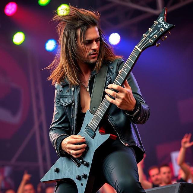 A heavy metal guitarist passionately playing on stage, wearing a black leather jacket adorned with spikes