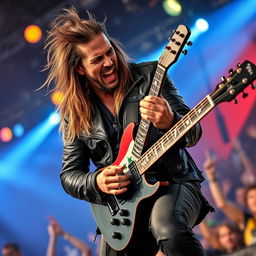 A heavy metal guitarist passionately playing on stage, wearing a black leather jacket adorned with spikes