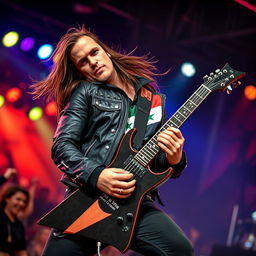 A heavy metal guitarist passionately playing on stage, wearing a black leather jacket adorned with spikes