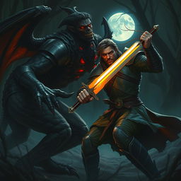A fierce scene depicting a man in medieval armor attacking a menacing demon