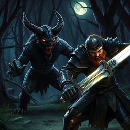 A fierce scene depicting a man in medieval armor attacking a menacing demon