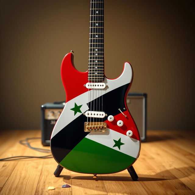 An electric guitar standing proudly with a striking design featuring the Free Syrian flag