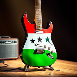 An electric guitar standing proudly with a striking design featuring the Free Syrian flag