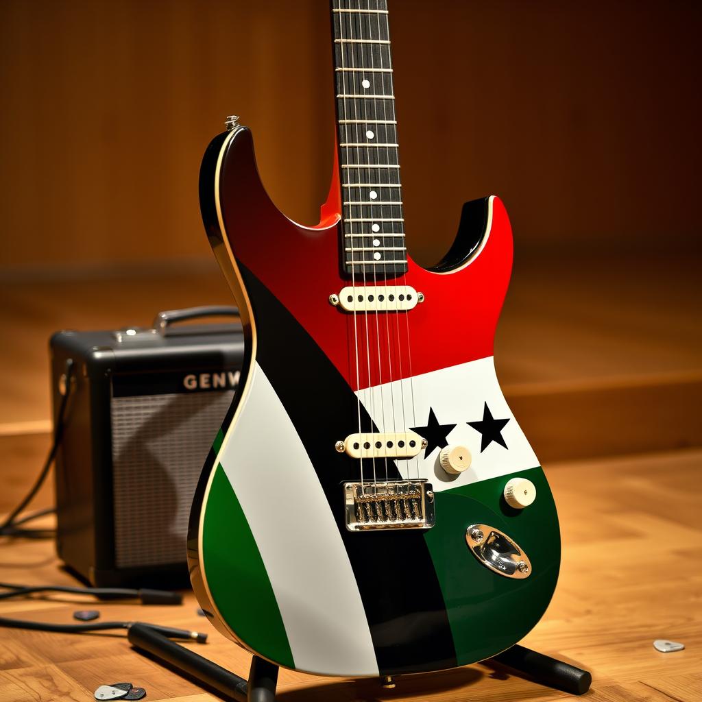 An electric guitar standing proudly with a striking design featuring the Free Syrian flag