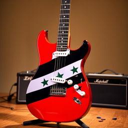 An electric guitar standing proudly with a striking design featuring the Free Syrian flag