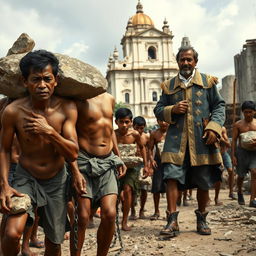 A group of Filipino men, visibly exhausted and emaciated, carrying heavy stones and construction materials