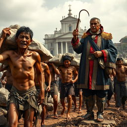 A group of Filipino men, visibly exhausted and emaciated, carrying heavy stones and construction materials