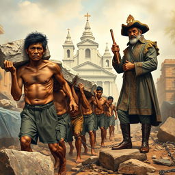 A group of Filipino men, visibly exhausted and emaciated, carrying heavy stones and construction materials