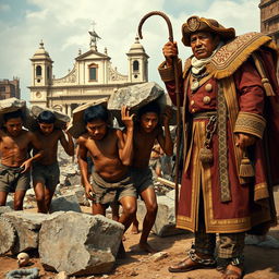 A group of Filipino men, visibly exhausted and emaciated, carrying heavy stones and construction materials