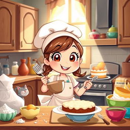 A cartoon girl baking in a cozy kitchen, surrounded by colorful ingredients like flour, eggs, and sugar