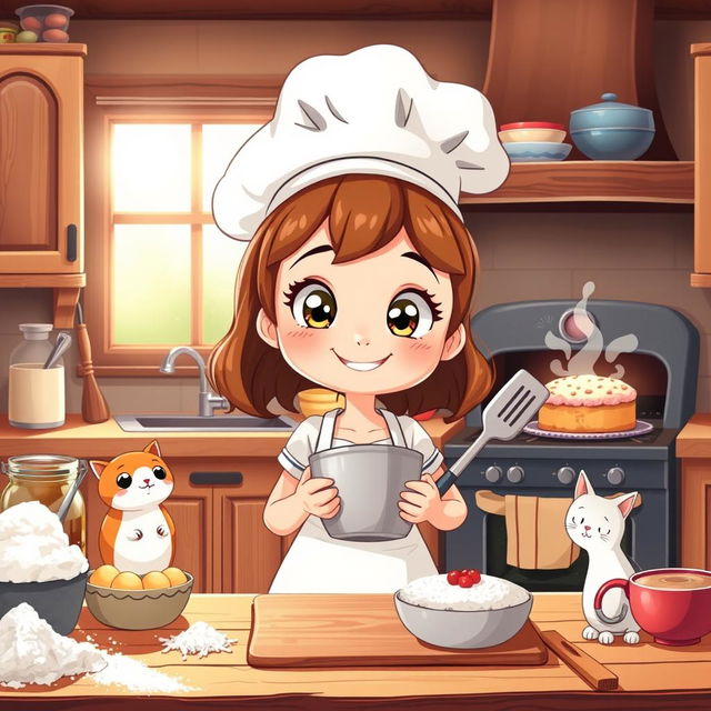 A cartoon girl baking in a cozy kitchen, surrounded by colorful ingredients like flour, eggs, and sugar