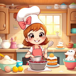 A cartoon girl baking in a cozy kitchen, surrounded by colorful ingredients like flour, eggs, and sugar
