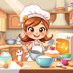 A cartoon girl baking in a cozy kitchen, surrounded by colorful ingredients like flour, eggs, and sugar