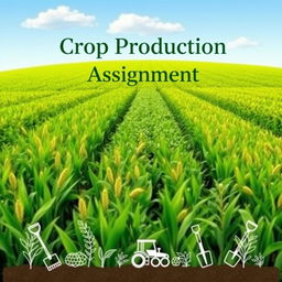 An elegant and professional cover page for a crop production assignment, featuring a vibrant, lush green field filled with diverse crops such as wheat, corn, and soybeans