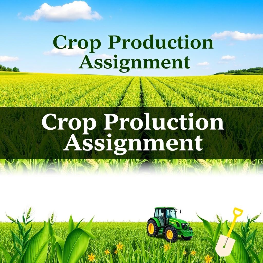 An elegant and professional cover page for a crop production assignment, featuring a vibrant, lush green field filled with diverse crops such as wheat, corn, and soybeans