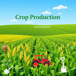 An elegant and professional cover page for a crop production assignment, featuring a vibrant, lush green field filled with diverse crops such as wheat, corn, and soybeans
