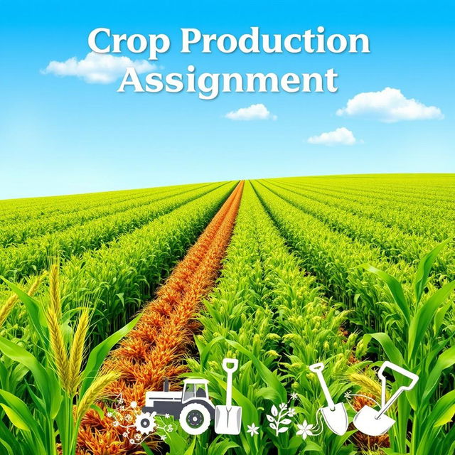 An elegant and professional cover page for a crop production assignment, featuring a vibrant, lush green field filled with diverse crops such as wheat, corn, and soybeans