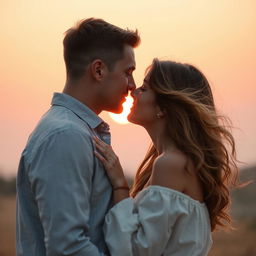 A romantic scene featuring two adults engaged in a passionate kiss, set against a soft pink sunset background