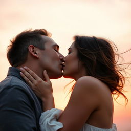 A romantic scene featuring two adults engaged in a passionate kiss, set against a soft pink sunset background