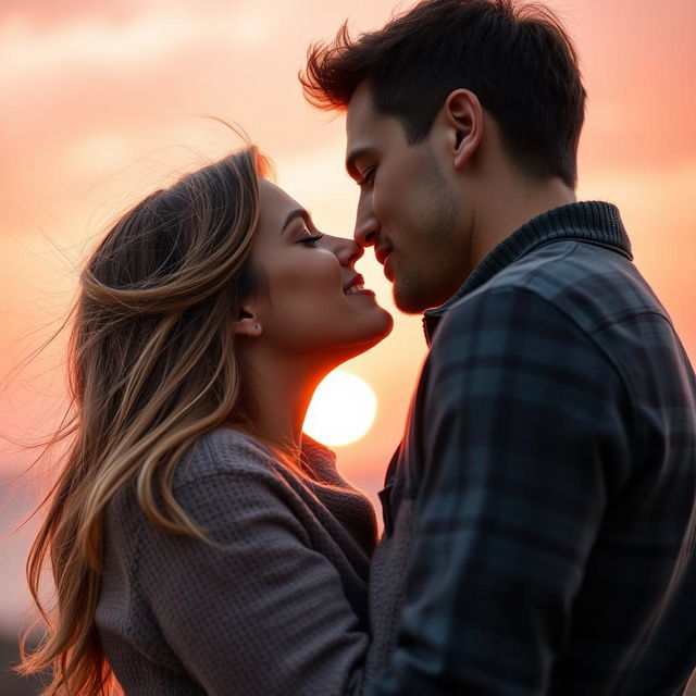 A romantic scene featuring two adults engaged in a passionate kiss, set against a soft pink sunset background