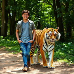 A young man walking alongside a majestic tiger in a lush green forest