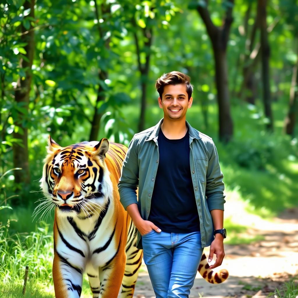 A young man walking alongside a majestic tiger in a lush green forest