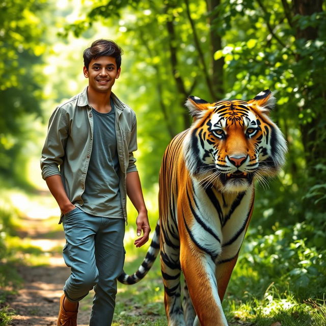 A young man walking alongside a majestic tiger in a lush green forest