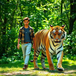 A young man walking alongside a majestic tiger in a lush green forest