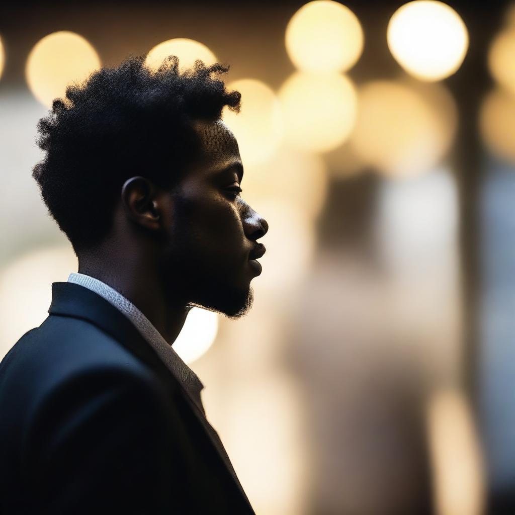 A high-quality image depicting a blurred bokeh of a black man's silhouette