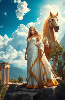 A vibrant and lush depiction of Greek mythology, featuring a majestic setting on Mount Olympus with dramatic clouds rolling in
