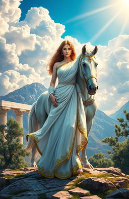 A vibrant and lush depiction of Greek mythology, featuring a majestic setting on Mount Olympus with dramatic clouds rolling in