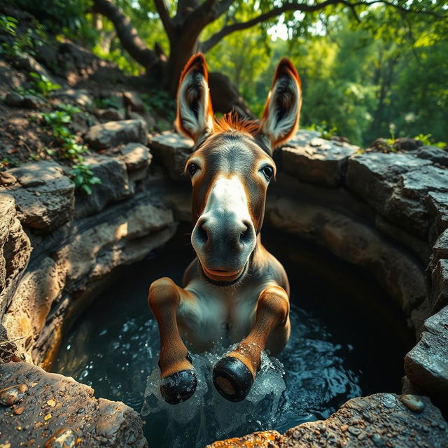 A distressed donkey trapped in a deep water well, struggling to escape