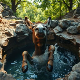 A distressed donkey trapped in a deep water well, struggling to escape